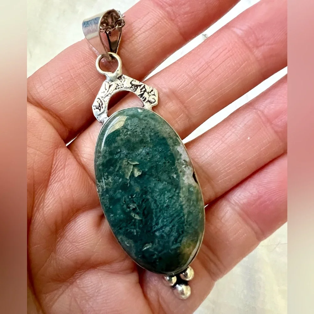 925 Earth Stone MOSS AGATE Pendant Necklace